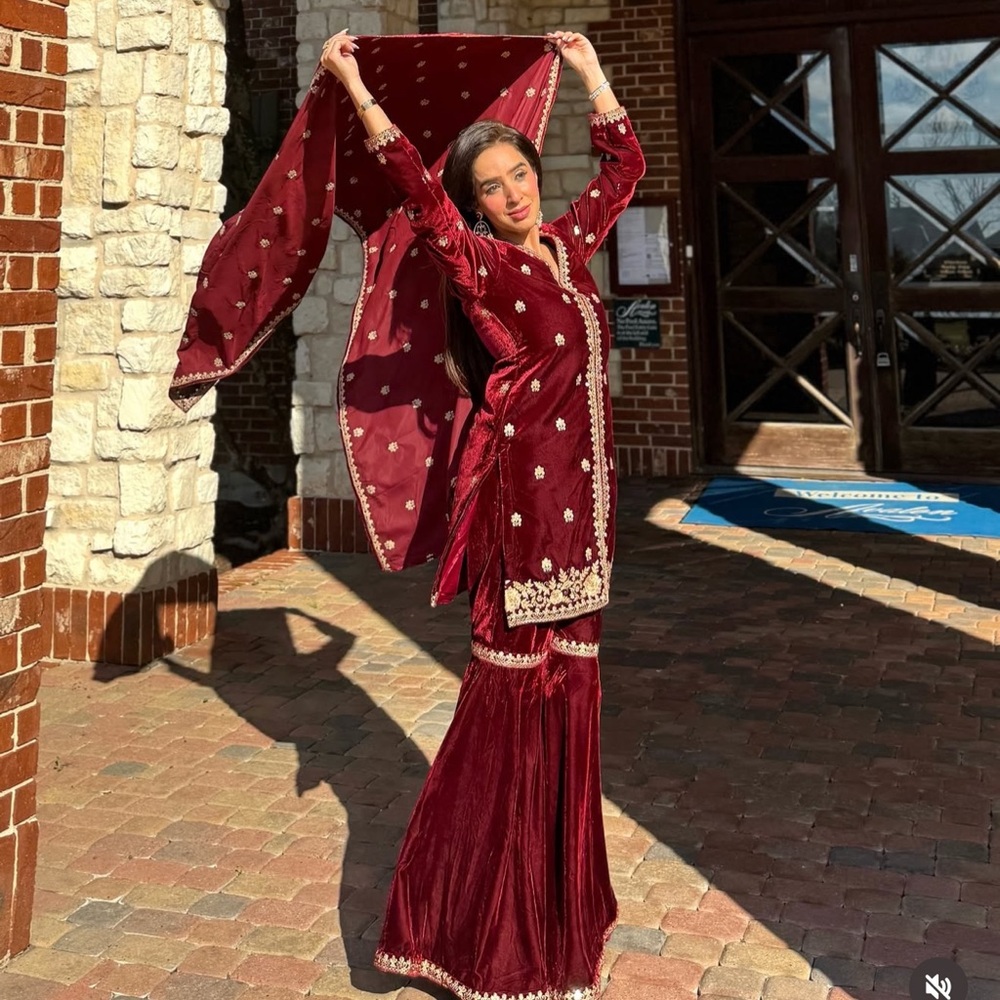 Maroon Velvet Embroidered Two-Piece Set with Dupatta
